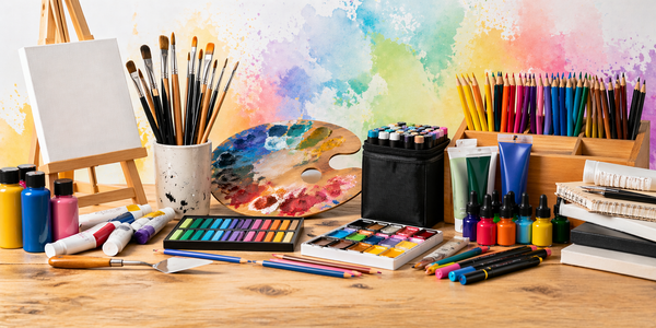 Künstlerbedarf  mit Pinseln, Farben, Buntstiften, Markern und Skizzenbüchern auf kreativem Hintergrund – Bastelmaterial bei Kidis Art