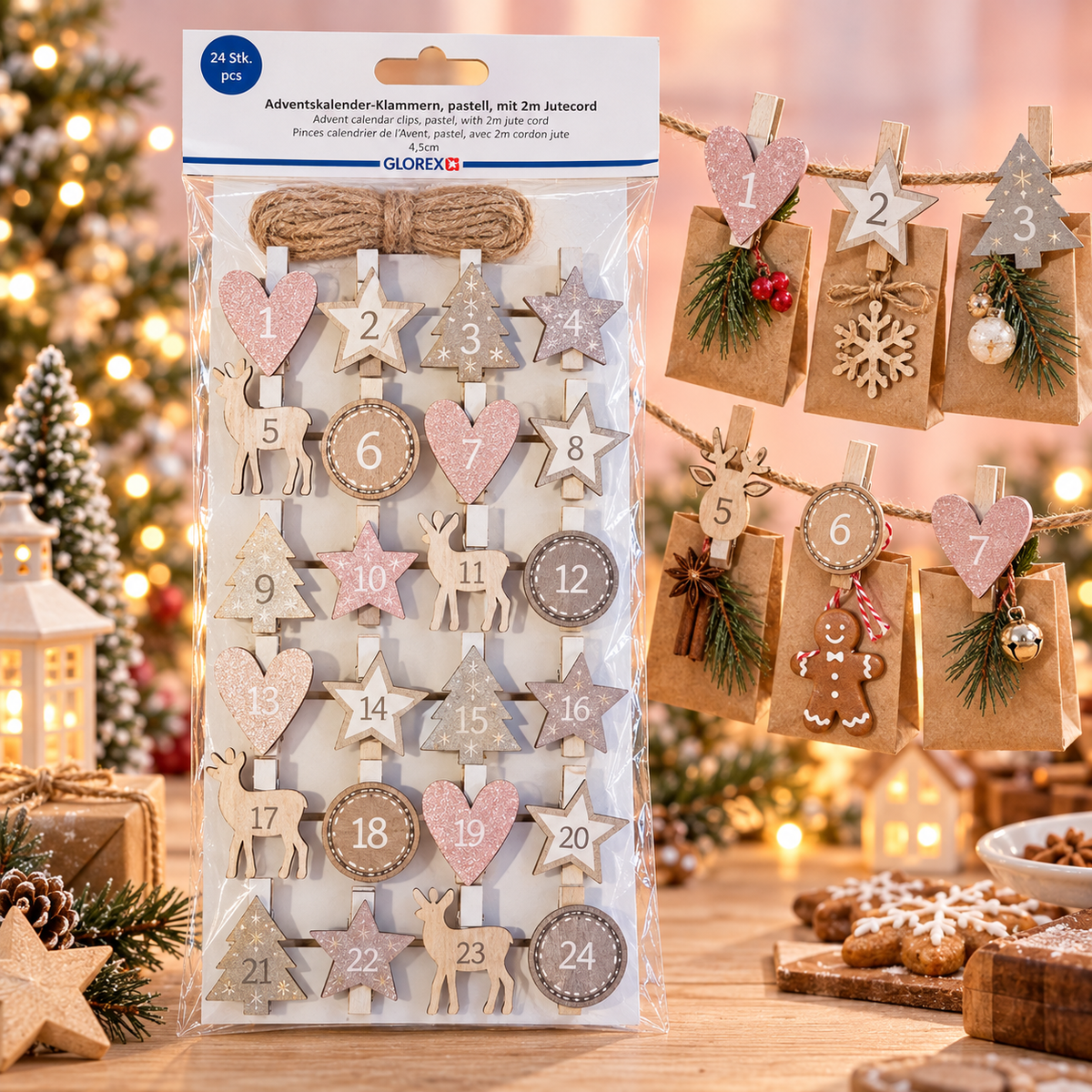 Adventskalender Klammern Pastell