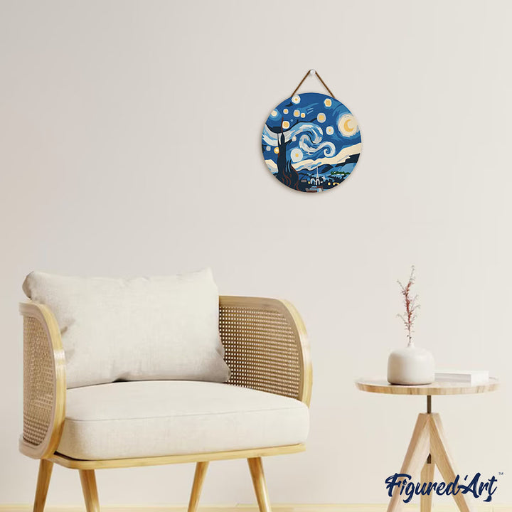 Malen nach Zahlen auf Holzscheibe – Sternennacht