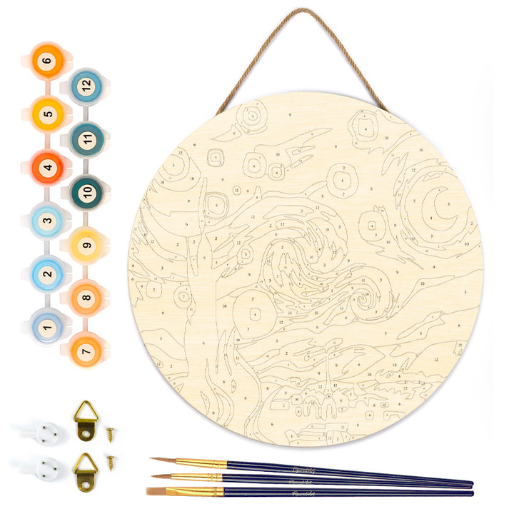 Malen nach Zahlen auf Holzscheibe – Sternennacht