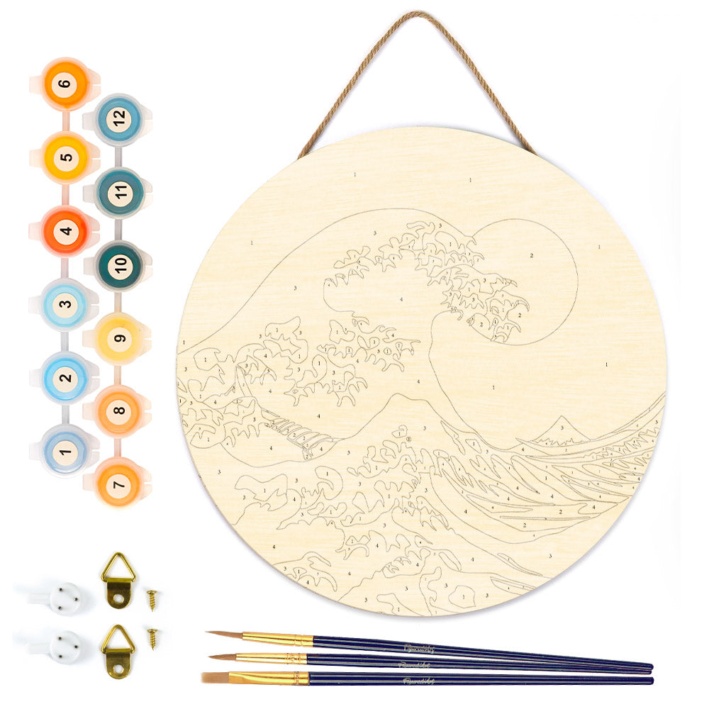 Malen nach Zahlen auf Holzscheibe – Die große Welle