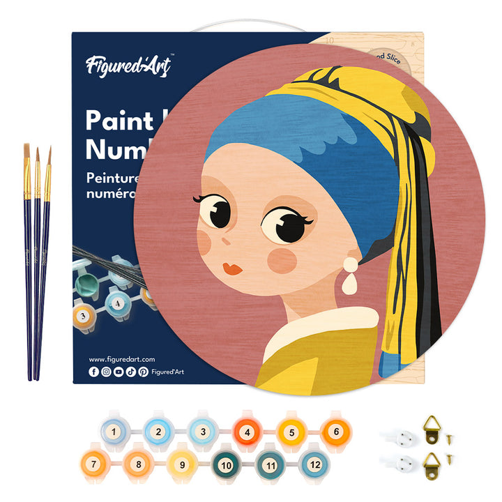 Malen nach Zahlen auf Holzscheibe – Mädchen mit Ohrring
