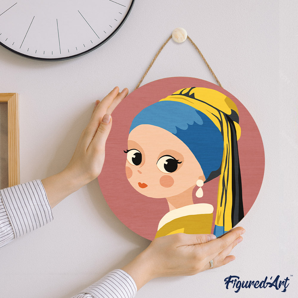 Malen nach Zahlen auf Holzscheibe – Mädchen mit Ohrring - Kidis Art