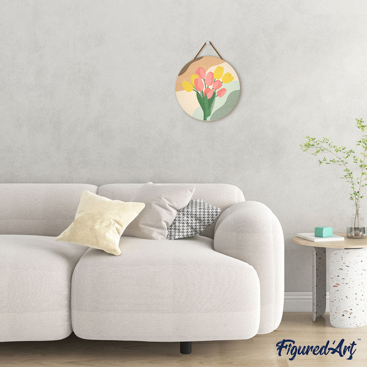 Malen nach Zahlen auf Holzscheibe – Tulpenstrauß