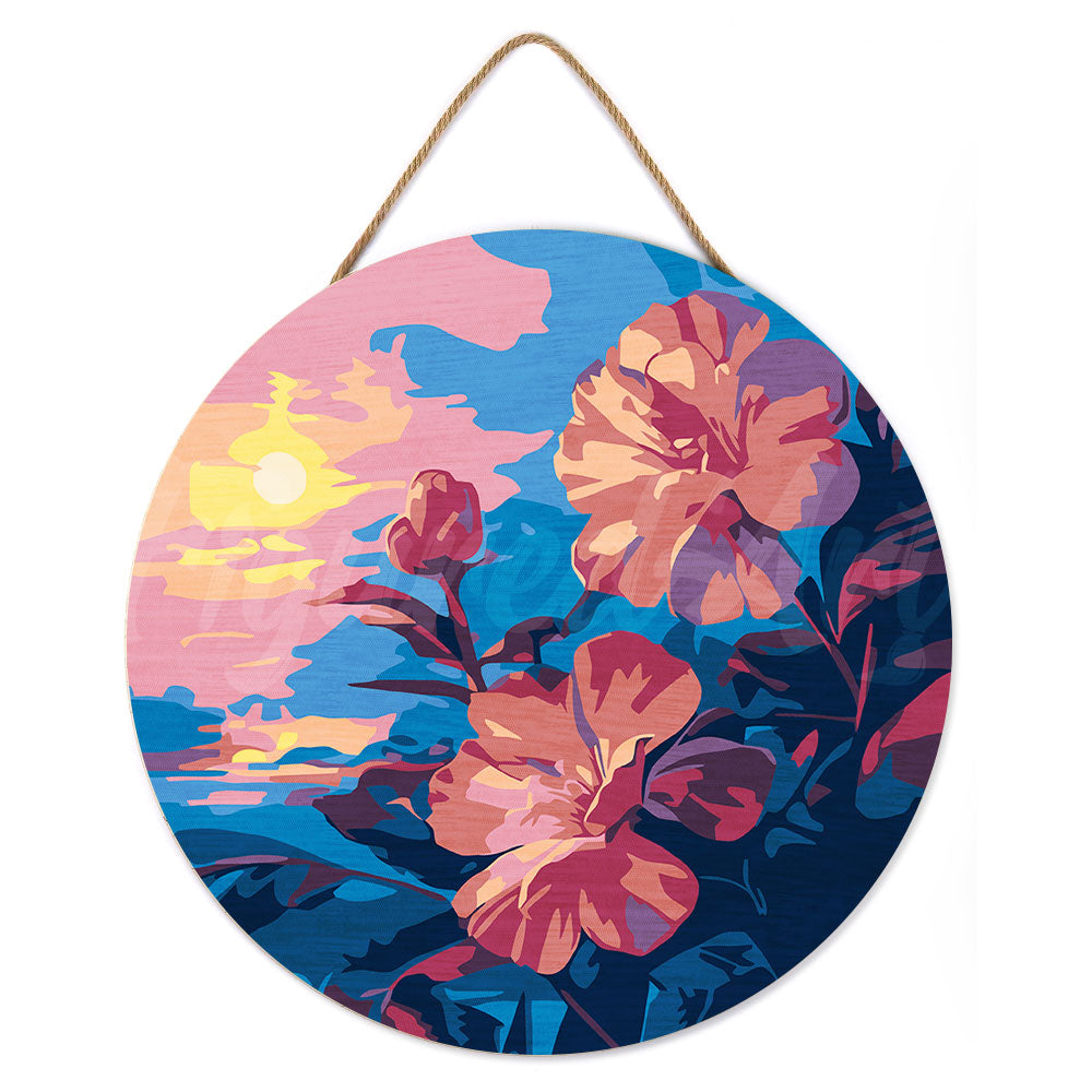 Malen nach Zahlen auf Holzscheibe – Hibiskus bei Sonnenuntergang - Kidis Art