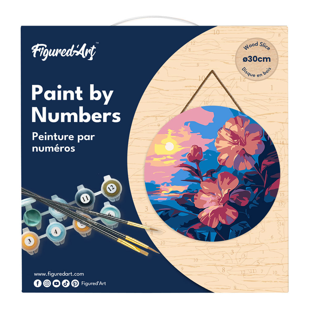 Malen nach Zahlen auf Holzscheibe – Hibiskus bei Sonnenuntergang