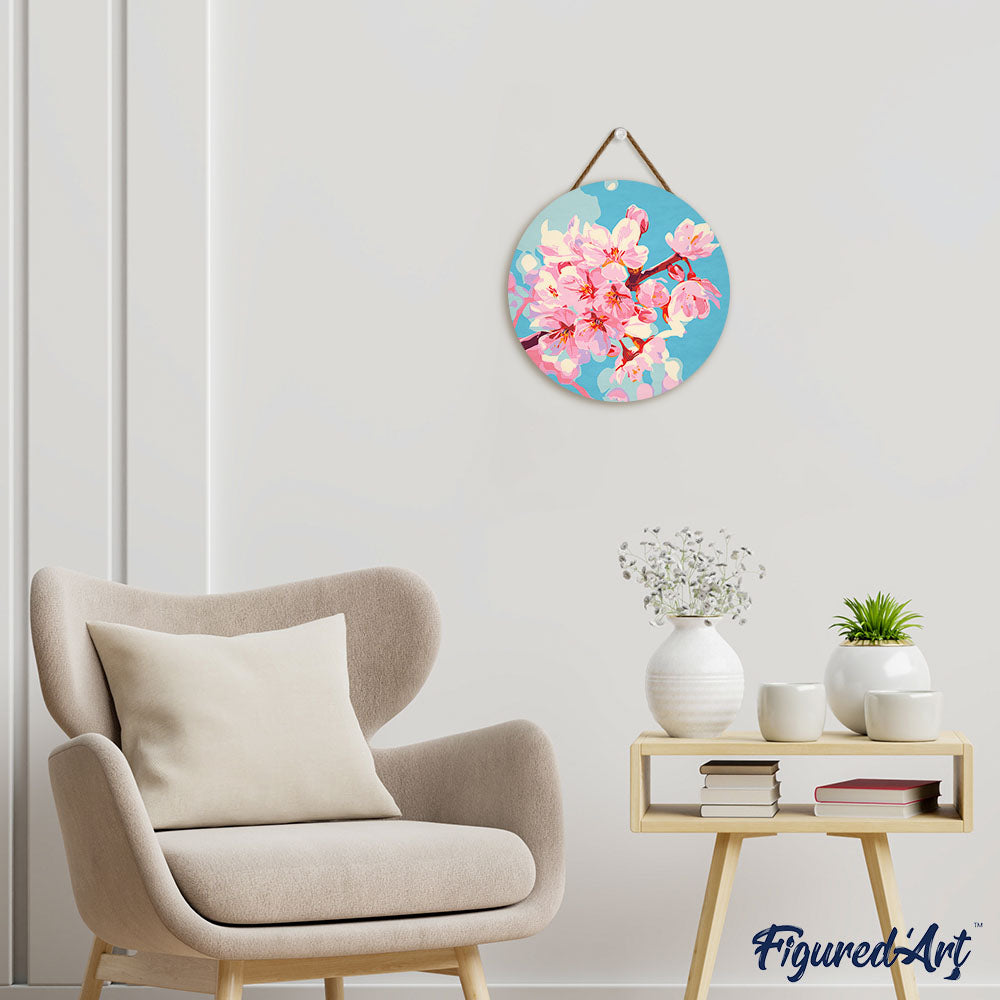 Malen nach Zahlen auf Holzscheibe – Kirschblüten