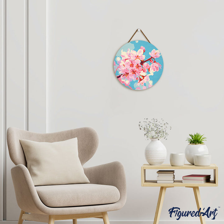 Malen nach Zahlen auf Holzscheibe – Kirschblüten