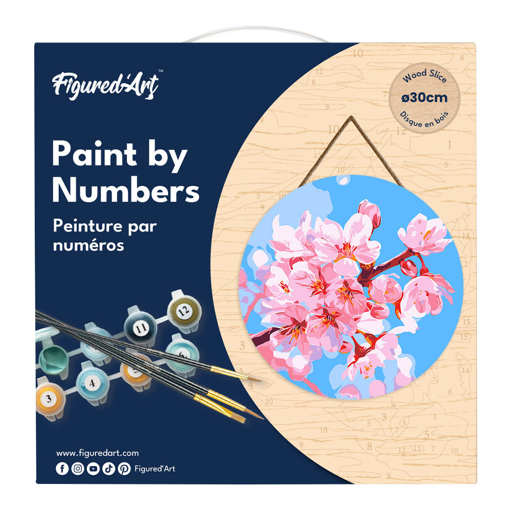 Malen nach Zahlen auf Holzscheibe – Kirschblüten