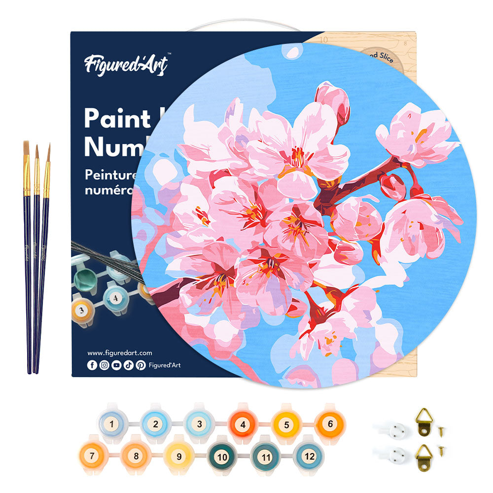 Malen nach Zahlen auf Holzscheibe – Kirschblüten