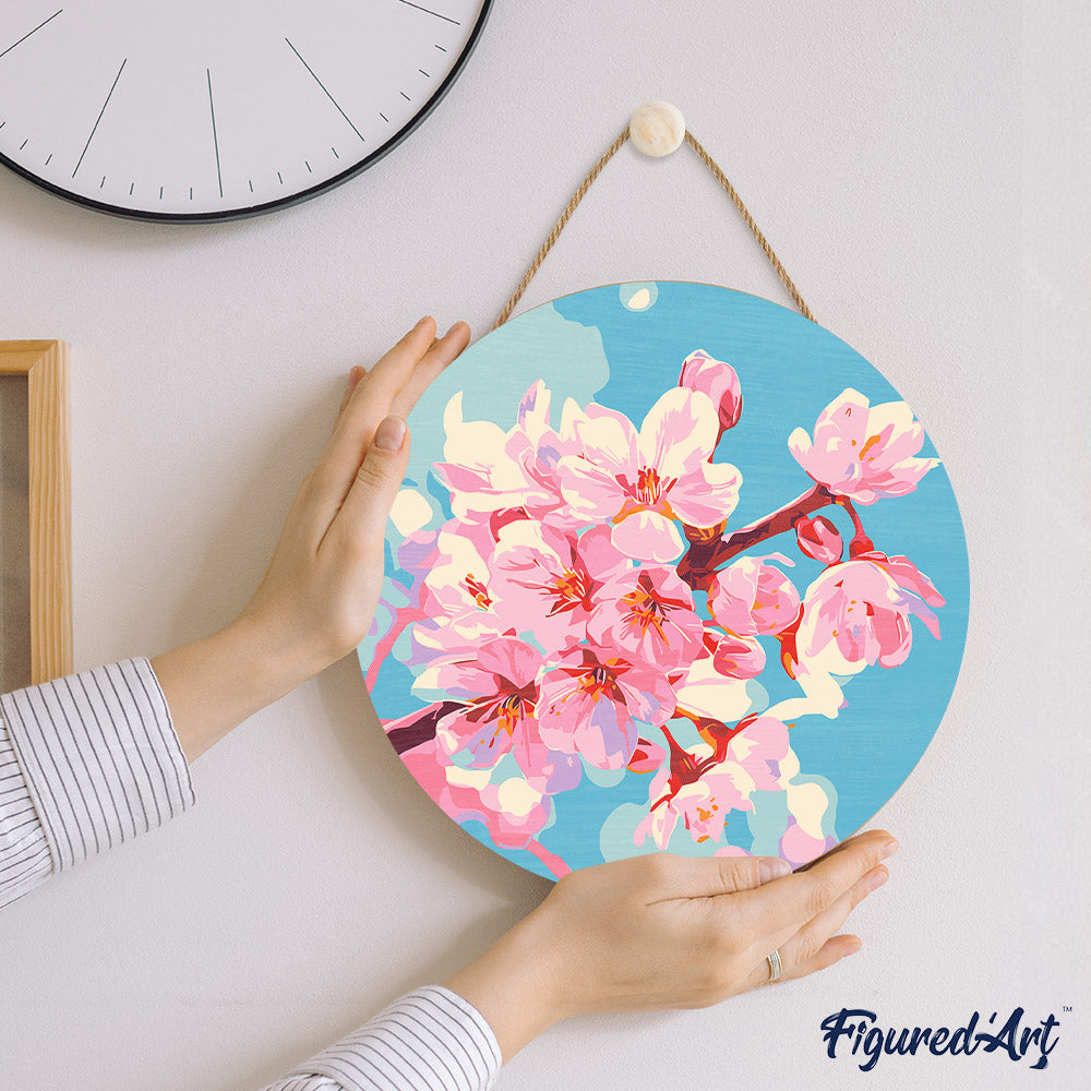 Malen nach Zahlen auf Holzscheibe – Kirschblüten - Kidis Art