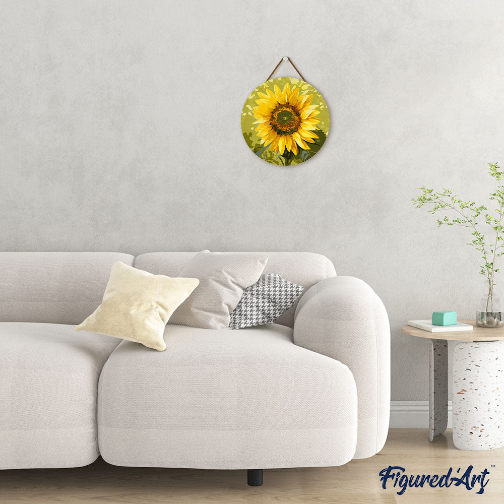 Malen nach Zahlen auf Holzscheibe – Sonnenblume