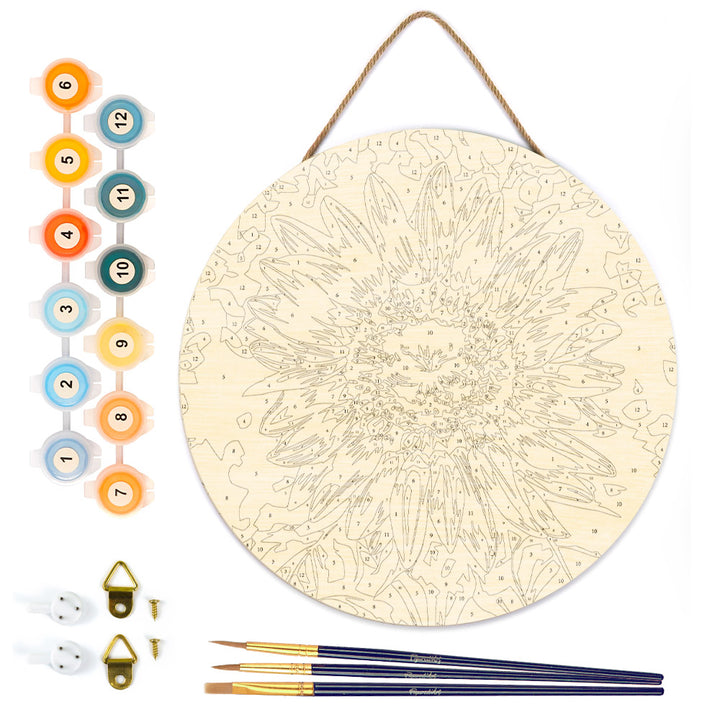 Malen nach Zahlen auf Holzscheibe – Sonnenblume