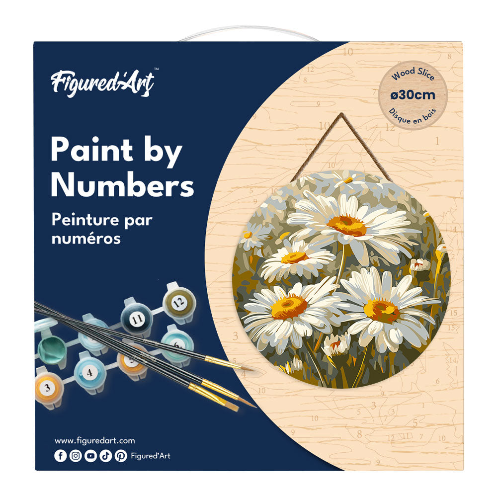 Malen nach Zahlen auf Holzscheibe – Gänseblümchen