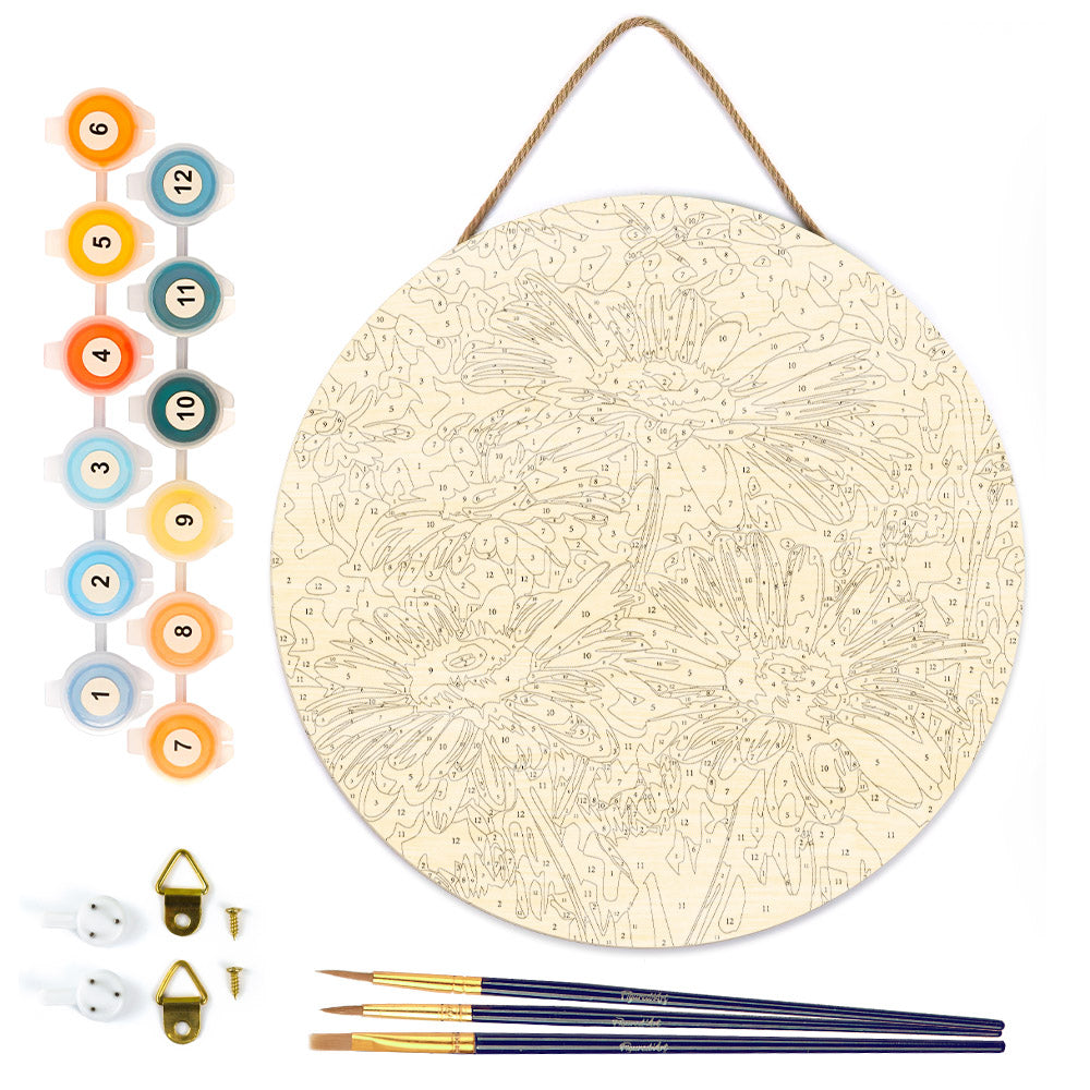 Malen nach Zahlen auf Holzscheibe – Gänseblümchen