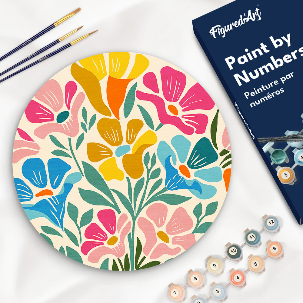 Malen nach Zahlen auf Holzscheibe – Buntes Blumenmuster - Kidis Art