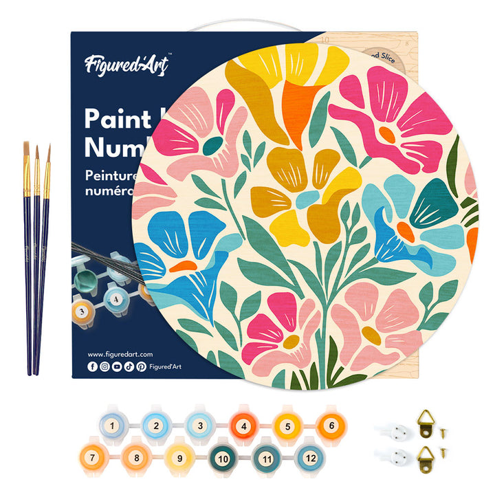 Malen nach Zahlen auf Holzscheibe – Buntes Blumenmuster