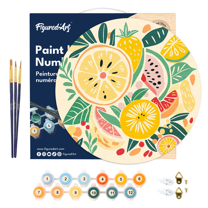 Malen nach Zahlen auf Holzscheibe – Früchte