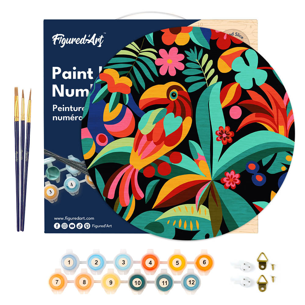 Malen nach Zahlen auf Holzscheibe – Abstrakter Tukan