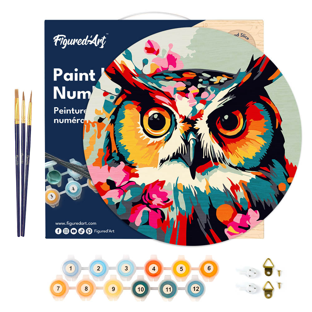 Malen nach Zahlen auf Holzscheibe – Fantasie-Eule und Blumen