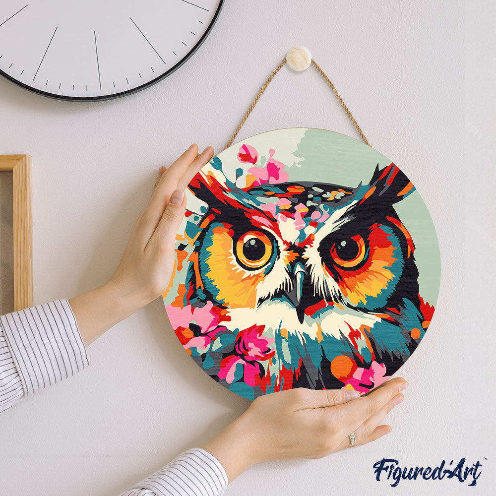 Malen nach Zahlen auf Holzscheibe – Fantasie-Eule und Blumen - Kidis Art