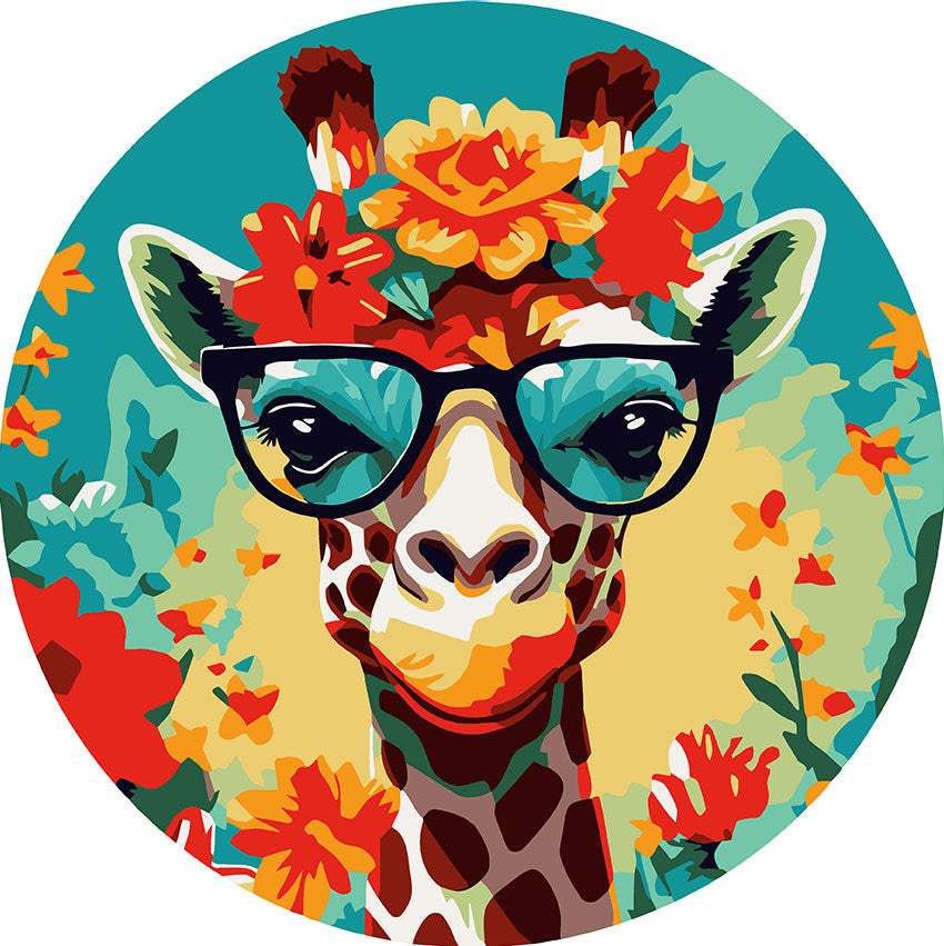 Malen nach Zahlen auf Holzscheibe – Fantasie-Giraffe und Blumen