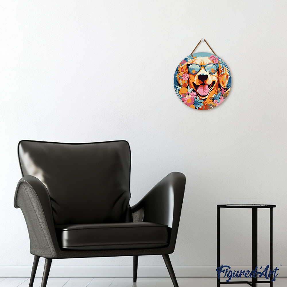 Malen nach Zahlen auf Holzscheibe – Fantasie-Welpe und Blumen