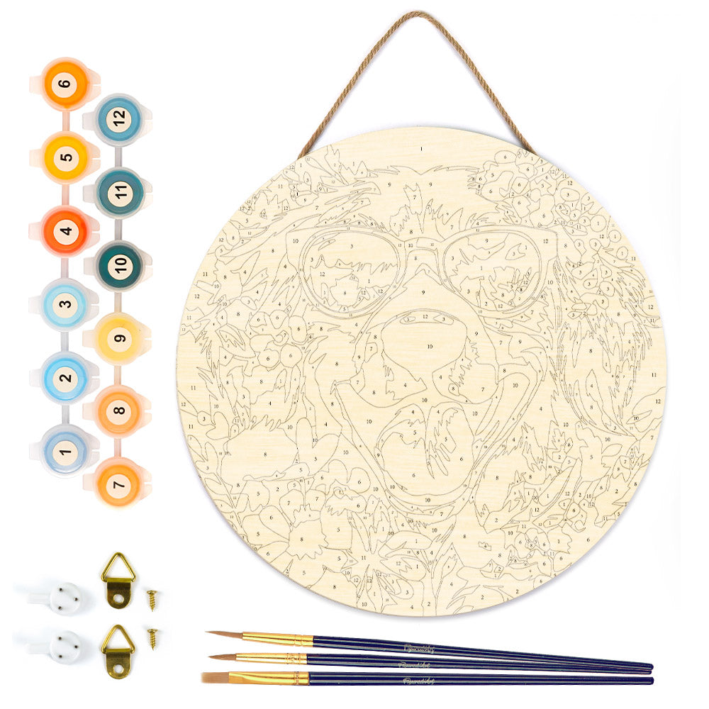 Malen nach Zahlen auf Holzscheibe – Fantasie-Welpe und Blumen