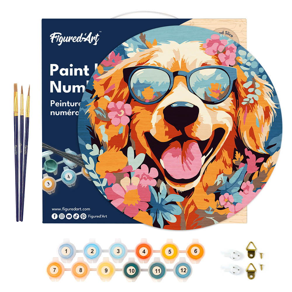 Malen nach Zahlen auf Holzscheibe – Fantasie-Welpe und Blumen