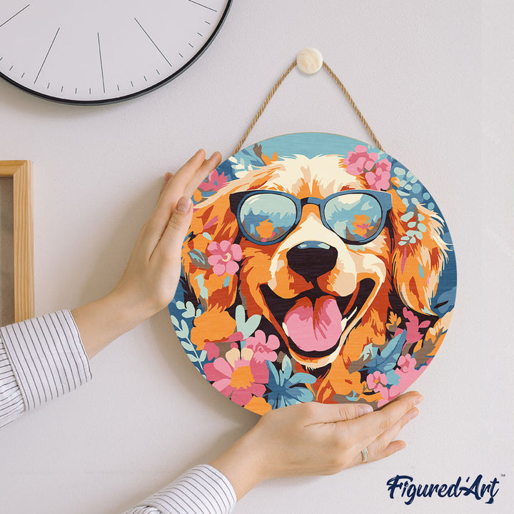 Malen nach Zahlen auf Holzscheibe – Fantasie-Welpe und Blumen