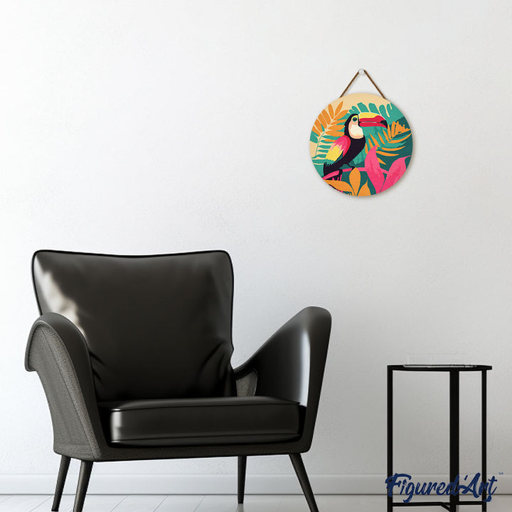 Malen nach Zahlen auf Holzscheibe – Tropischer Tukan