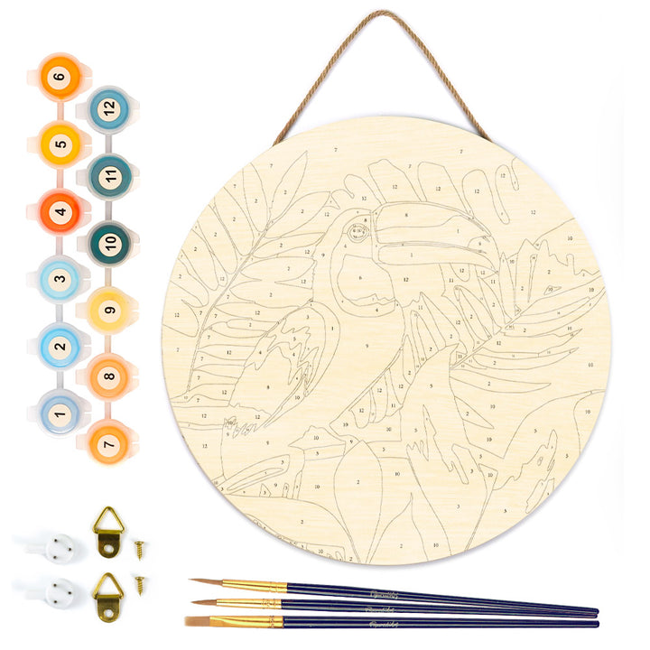 Malen nach Zahlen auf Holzscheibe – Tropischer Tukan