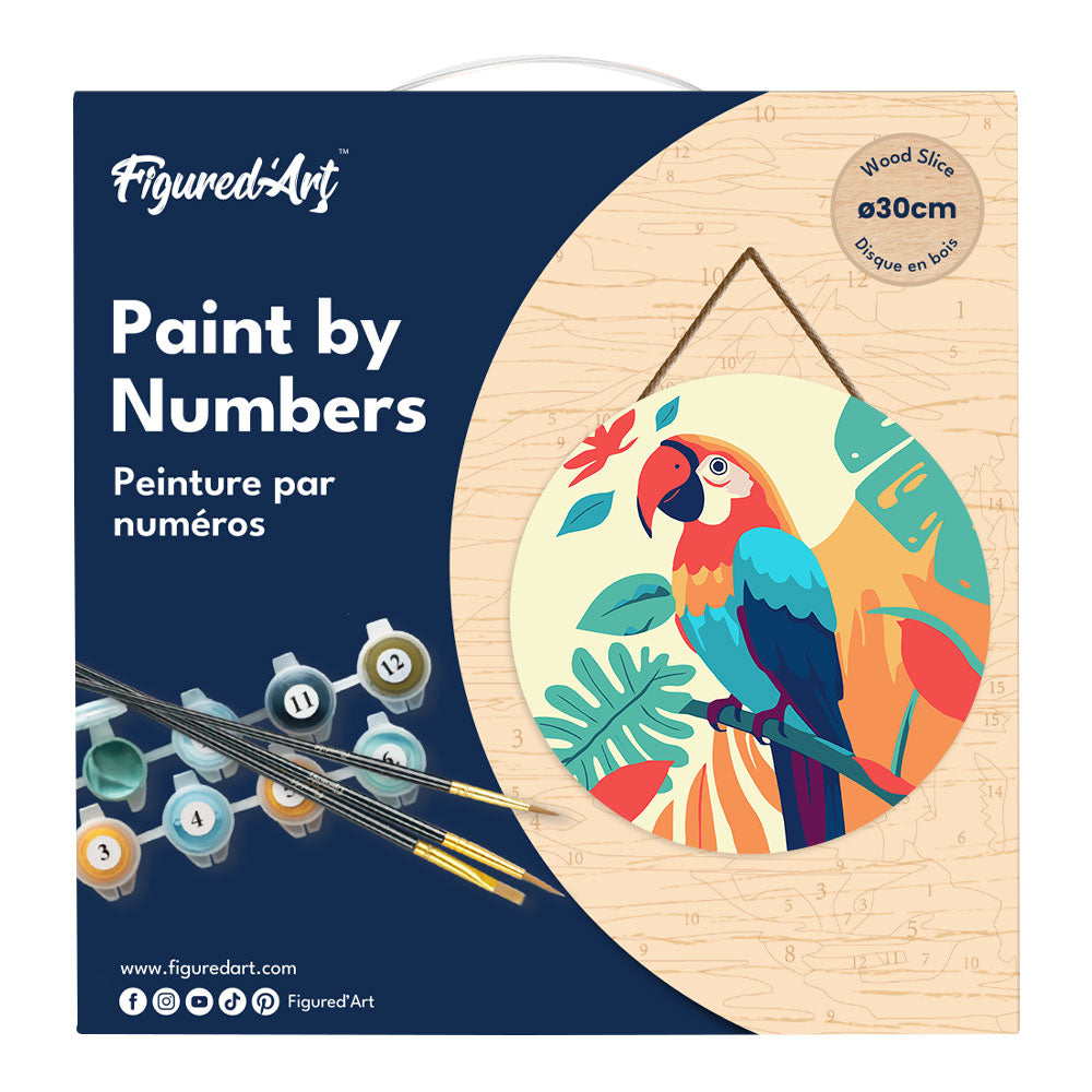 Malen nach Zahlen auf Holzscheibe – Tropischer Papagei