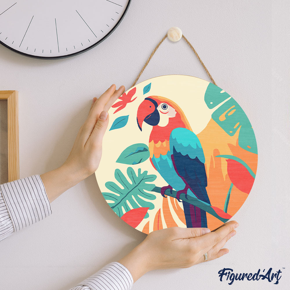 Malen nach Zahlen auf Holzscheibe – Tropischer Papagei