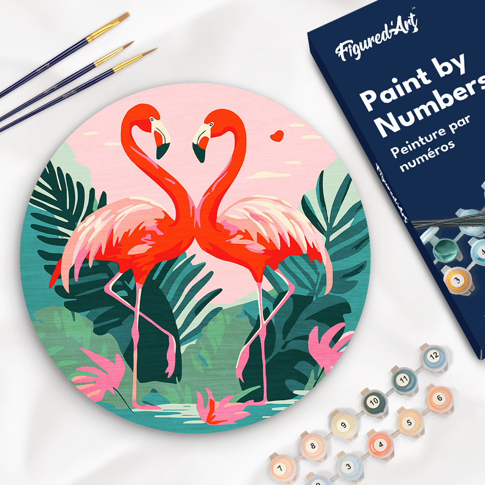 Malen nach Zahlen auf Holzscheibe – Tropische Flamingos - Kidis Art