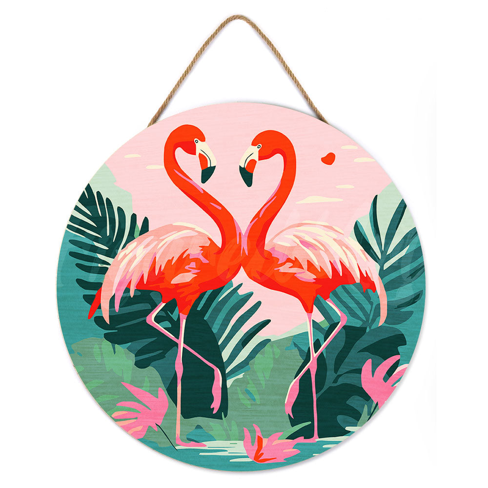 Malen nach Zahlen auf Holzscheibe – Tropische Flamingos - Kidis Art