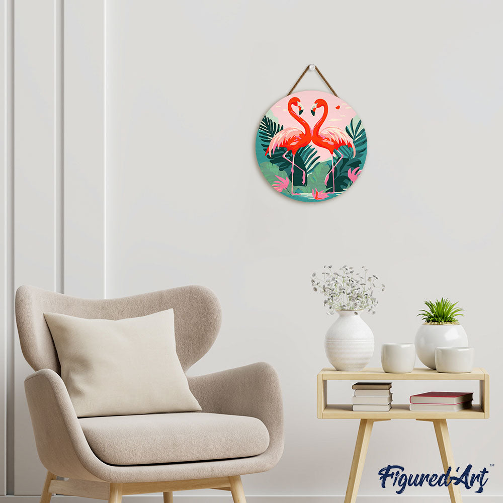 Malen nach Zahlen auf Holzscheibe – Tropische Flamingos