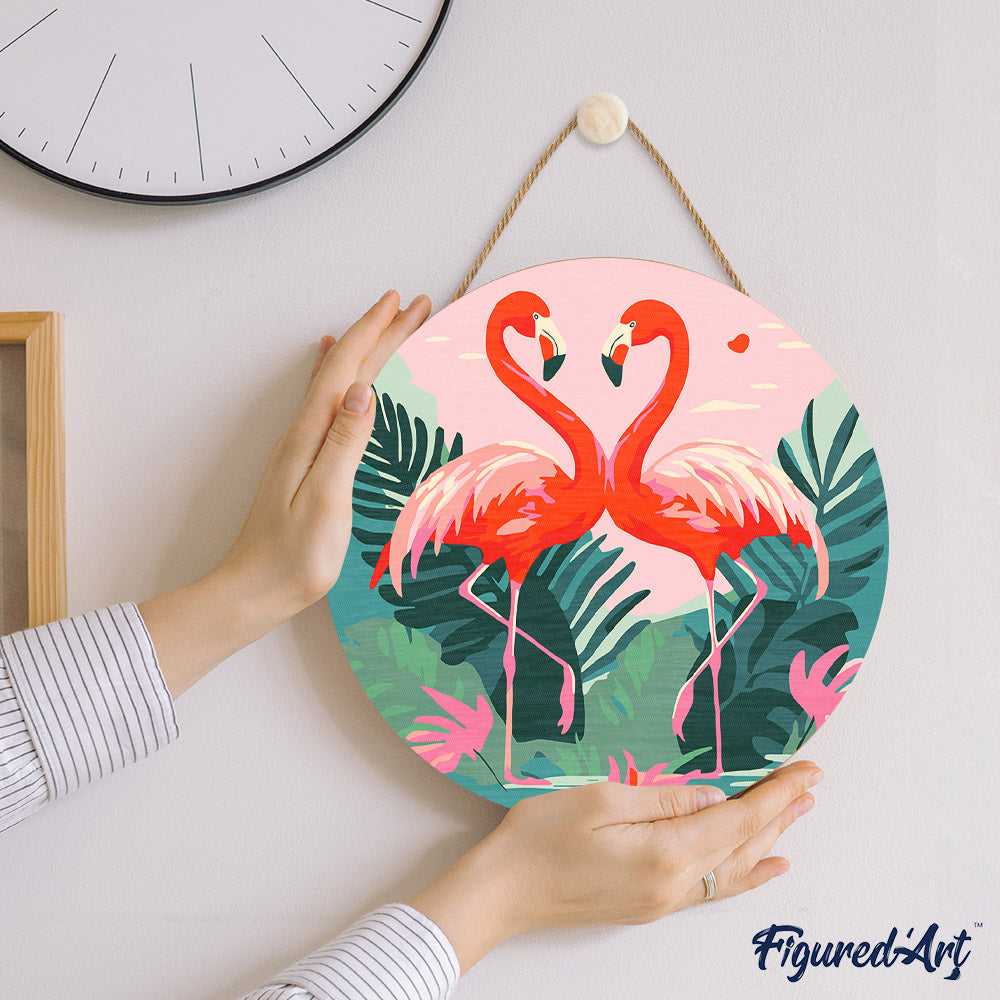 Malen nach Zahlen auf Holzscheibe – Tropische Flamingos - Kidis Art
