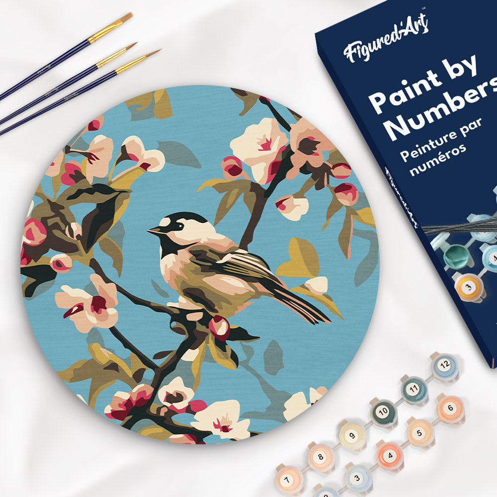 Malen nach Zahlen auf Holzscheibe – Vogel auf einem Ast