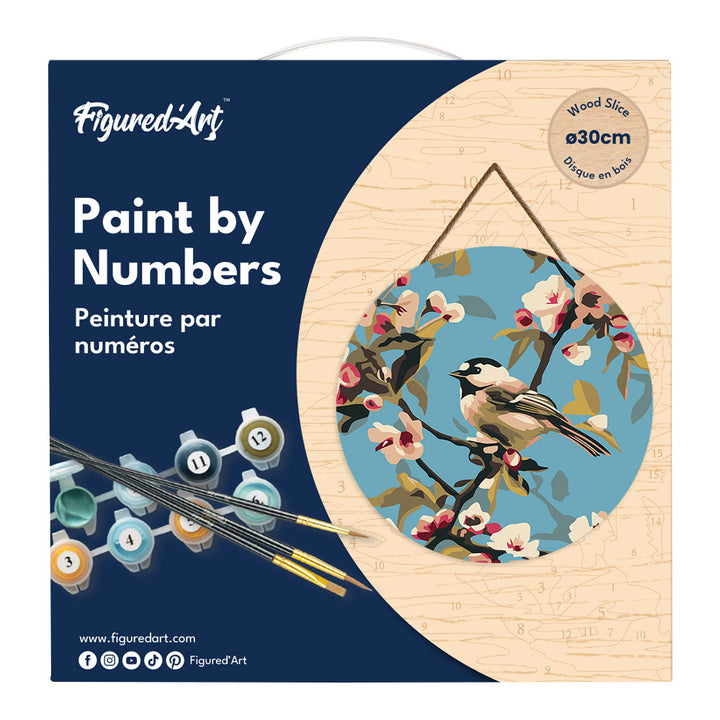 Malen nach Zahlen auf Holzscheibe – Vogel auf einem Ast