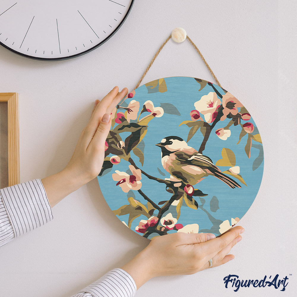Malen nach Zahlen auf Holzscheibe – Vogel auf einem Ast - Kidis Art