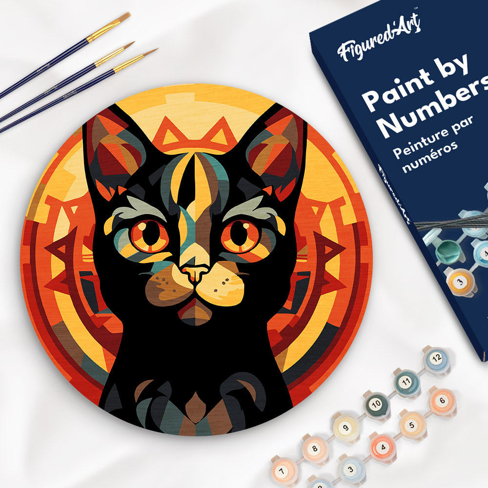 Malen nach Zahlen auf Holzscheibe – Schwarze Katze im Art-Déco-Stil - Kidis Art