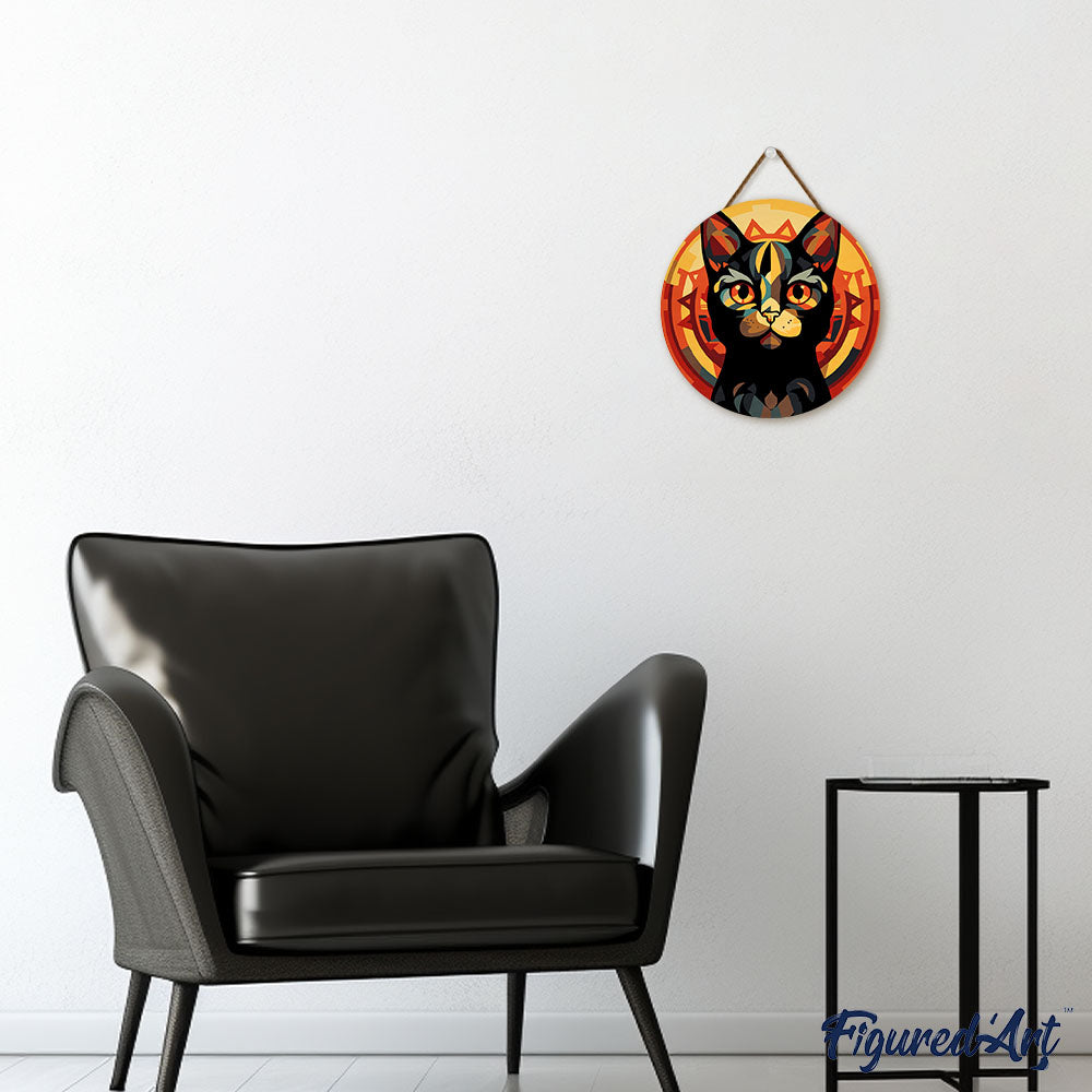 Malen nach Zahlen auf Holzscheibe – Schwarze Katze im Art-Déco-Stil - Kidis Art