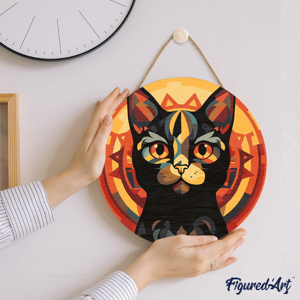 Malen nach Zahlen auf Holzscheibe – Schwarze Katze im Art-Déco-Stil - Kidis Art