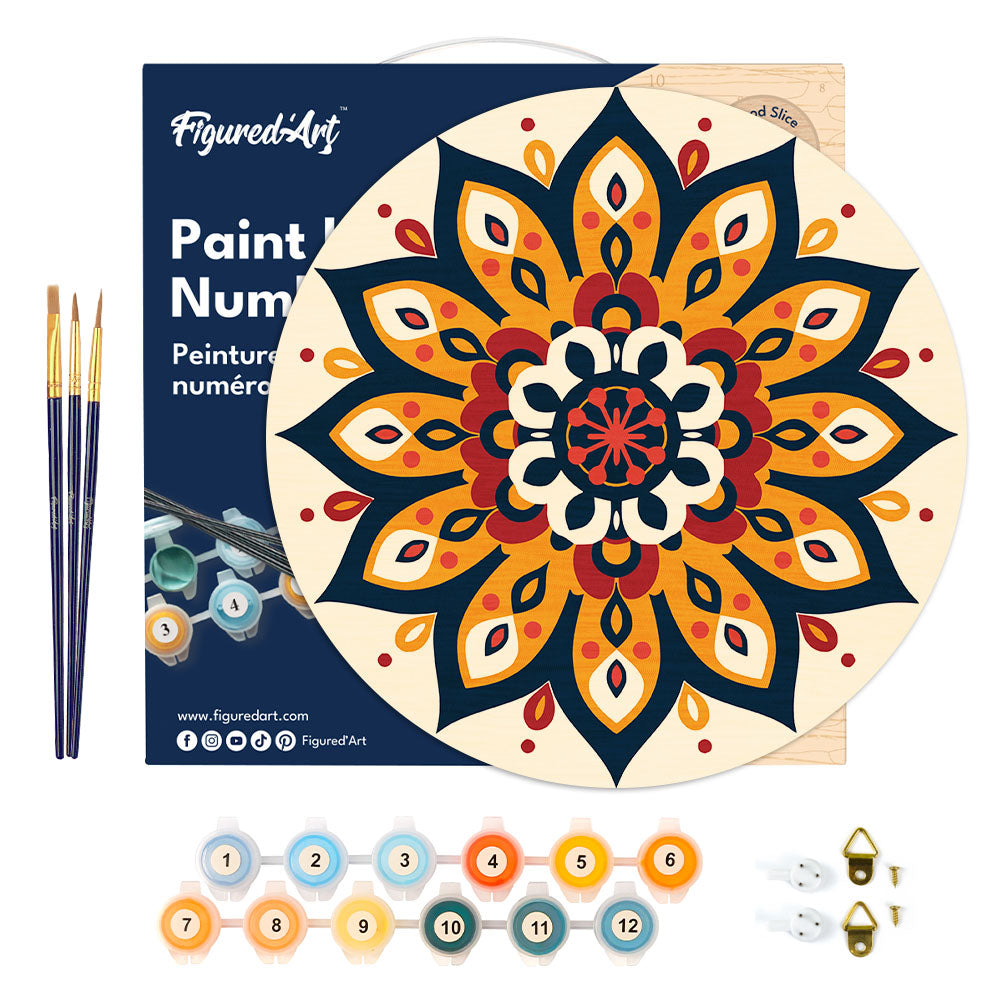 Malen nach Zahlen auf Holzscheibe – Sonniges Mandala