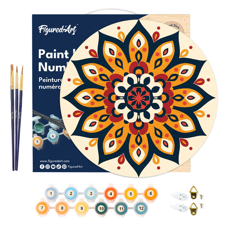 Malen nach Zahlen auf Holzscheibe – Sonniges Mandala
