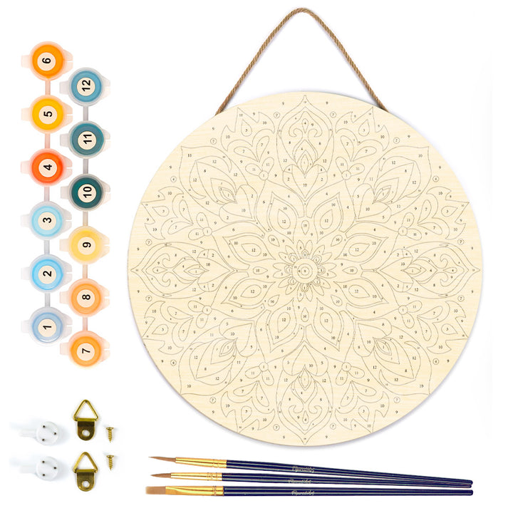 Malen nach Zahlen auf Holzscheibe – Blumenmandala