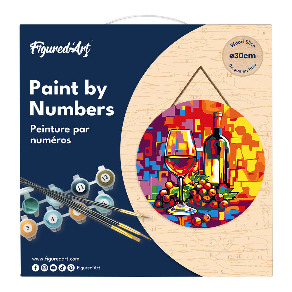 Malen nach Zahlen auf Holzscheibe – Wein und Trauben