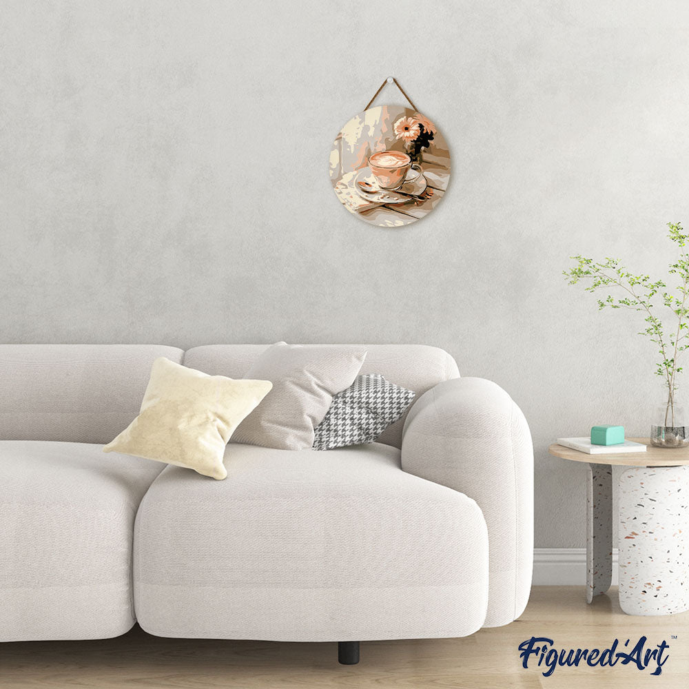 Malen nach Zahlen auf Holzscheibe – Morgenkaffee