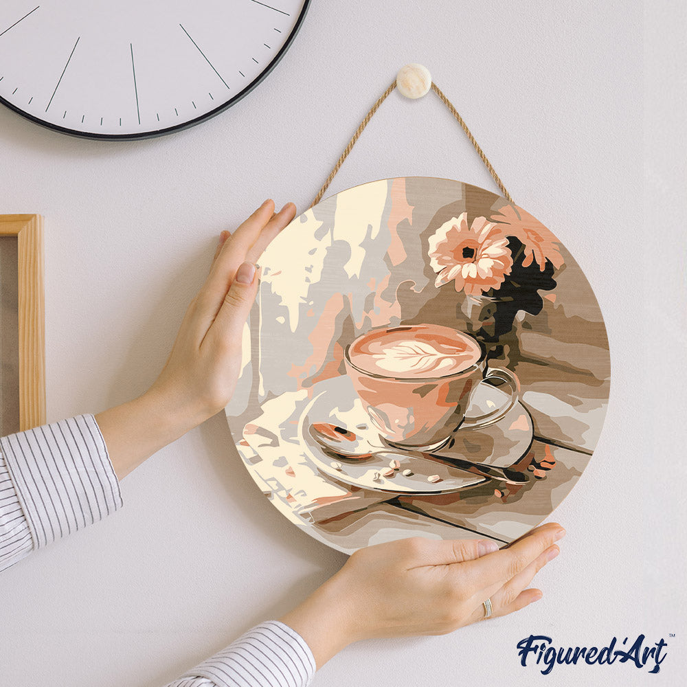 Malen nach Zahlen auf Holzscheibe – Morgenkaffee